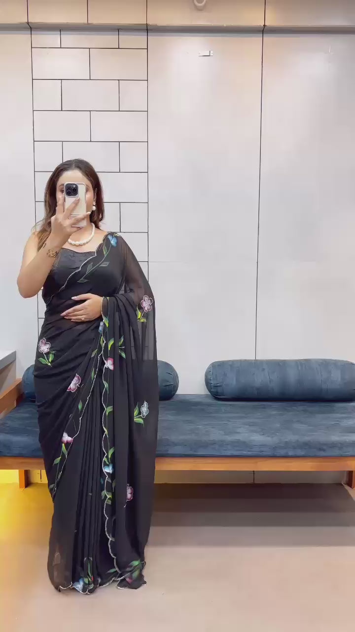 π Super Hit Celebrity Style Handpaint Saree with Cut Dana Handwork π
